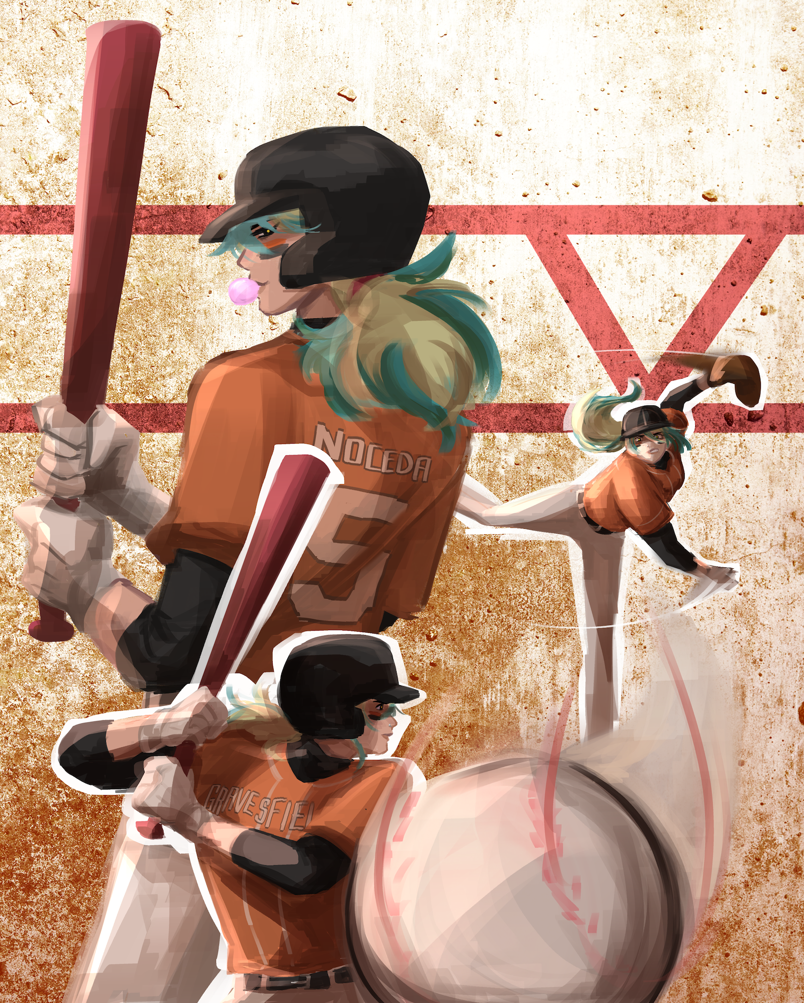 Digital art of Vee in a baseball outfit in three different poses. In one, she looks over her left shoulder at the viewer with a bat. In another, she is pitching a ball toward the viewer. In the third, she is looking to the viewer's right in a batting pose. The background is an organic brown-white pattern with a red overlaid letter V. In all poses, Vee's jersey reads Noceda with the number 5.